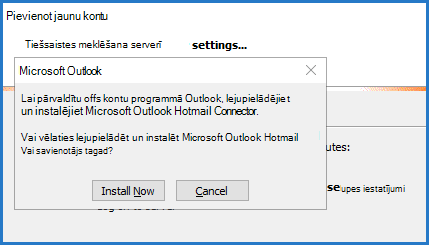 Outlook Hotmail savienotāja uzvedne