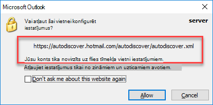 Outlook novirzīšana uz automātiskās noteikšanas procesu