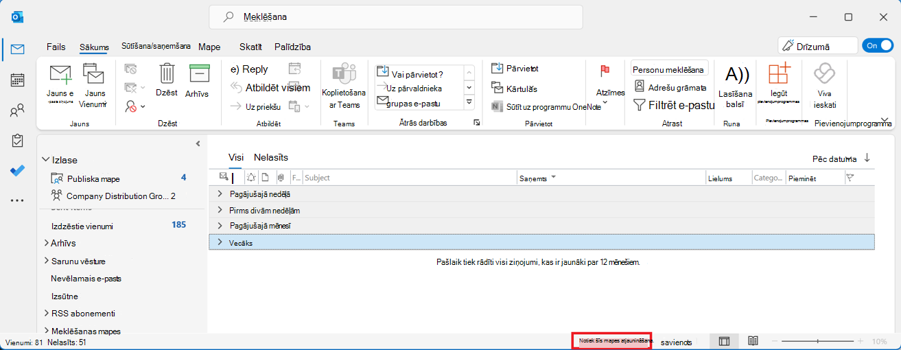 Outlook koplietojamā pastkaste ar šīs mapes atjaunināšanas ziņojumu, kas apvilkts sarkanā lodziņā