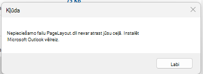 Ekrānuzņēmums, kurā redzams kļūdas ziņojums, Nepieciešamo failu PageLayout.dll nevar atrast