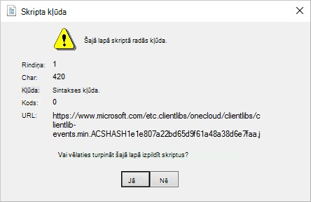 Ekrānuzņēmums ar kļūdas ziņojumu, Šajā lapā skriptā radās kļūda.