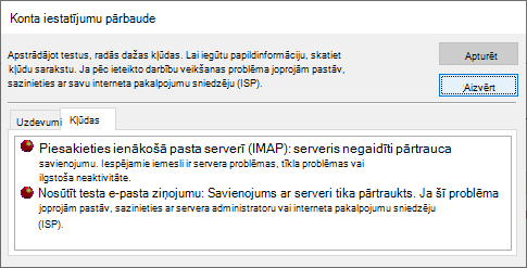 Loga Konta iestatījumu pārbaude ekrānuzņēmums Cilne Kļūdas — IMAP