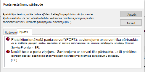 Loga Konta iestatījumu pārbaude ekrānuzņēmums Cilne Kļūdas - POP3