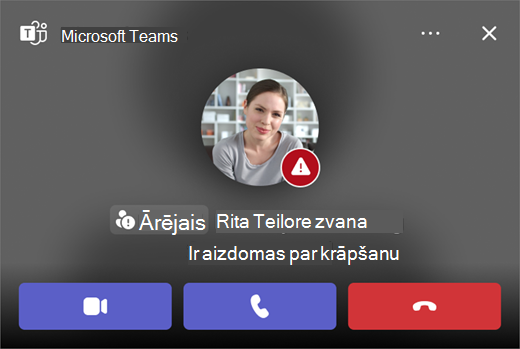 Ekrānuzņēmums ar iespējamu zvanu Microsoft Teams, par krāpšanu.