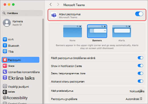 Mac sistēmas iestatījumi atļauj Microsoft Teams paziņojumus