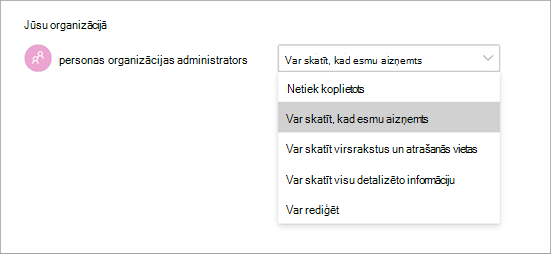 Ekrānuzņēmums, kurā redzamas dažādas piekļuves atļaujas, kopīgojot kalendāru programmā Teams.
