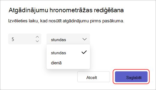 Ekrānuzņēmums, kurā redzams atgādinājuma e-pasta ziņojuma nosūtīšanas laika redaktors darbvietā Teams.