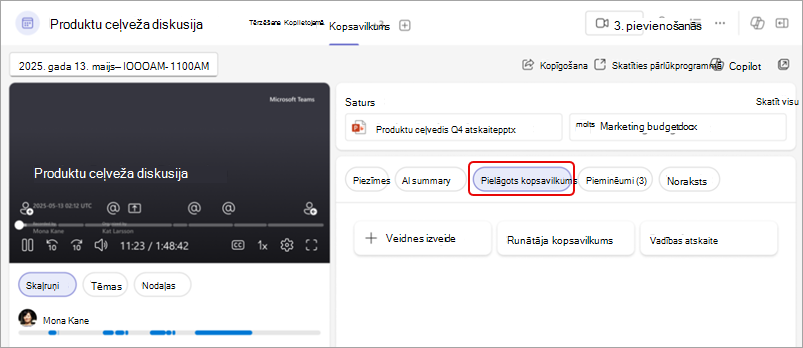 Ekrānuzņēmums, kurā redzams pielāgots Teams kopsavilkuma kopsavilkums, iezīmējot pogu Pielāgots kopsavilkums.