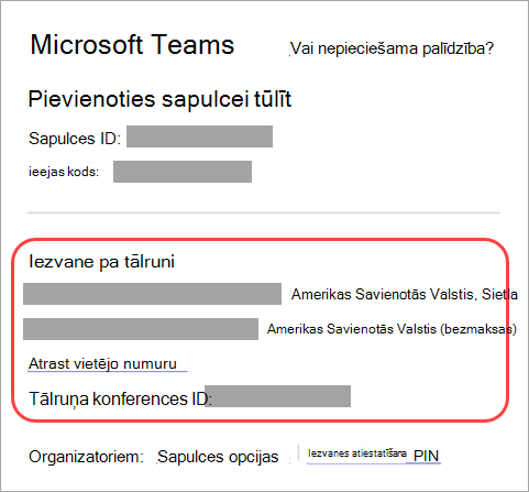 Ekrānuzņēmums, kurā redzams, kur varat iezvanīties Teams sapulcē.