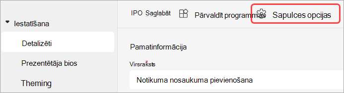 Ekrānuzņēmums, kurā redzams sapulces opciju lietotāja interfeiss Teams pasākumā.
