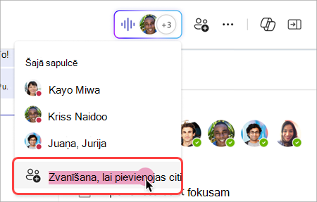 Ekrānuzņēmums, kurā redzams, kā zvanīt citiem no tiešraides indikatora grupas tērzēšanas tūlītējā sapulcē.