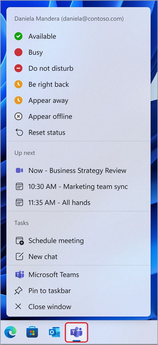 Ekrānuzņēmums, kurā redzamas darbības, ko varat veikt pakalpojumā Teams, izmantojot Windows uzdevumjoslu.