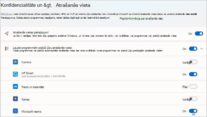 Atrašanās vietu iestatījumu loga ekrāna vāciņš operētājsistēmā Windows 11