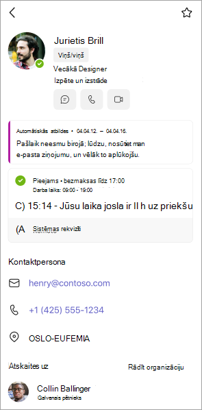 Profilu kartīšu skats programmā Teams mobilajām ierīcēm
