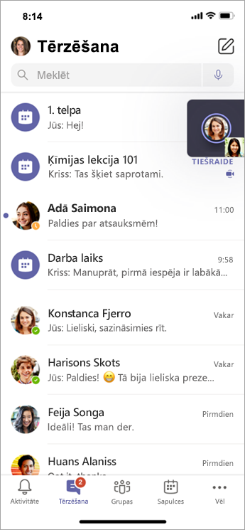 Grupu apspriežu telpas tērzētava mobilajā ierīcē.