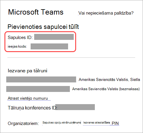 Ekrānuzņēmums, kurā redzams, kur sapulces uzaicinājumā var atrast sapulces ID un ieejas kodu.