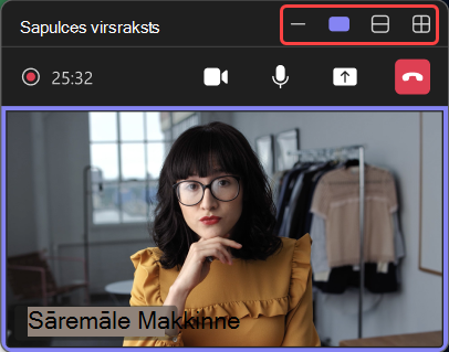 Ekrānuzņēmums, kurā minimizētajā sapulces logā izcelti dažādi skati.