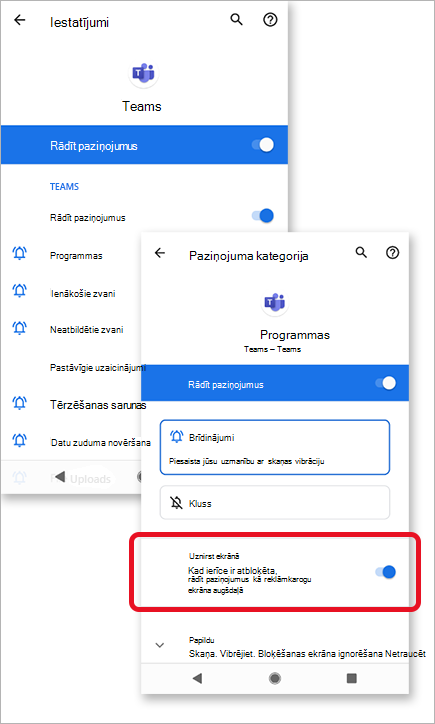 Attēlā parādīts, kā tiek atļauts uznirstošais ekrāns paziņojumiem pakalpojumā Microsoft Teams