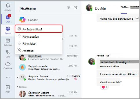 Ekrānuzņēmums, kurā redzams, kā atvērt pamata Teams programmas jaunos logos.