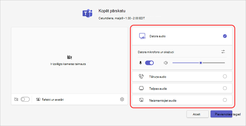 Izvēlieties sapulces audio avotu ekrānā, kas redzams pirms pievienošanās.