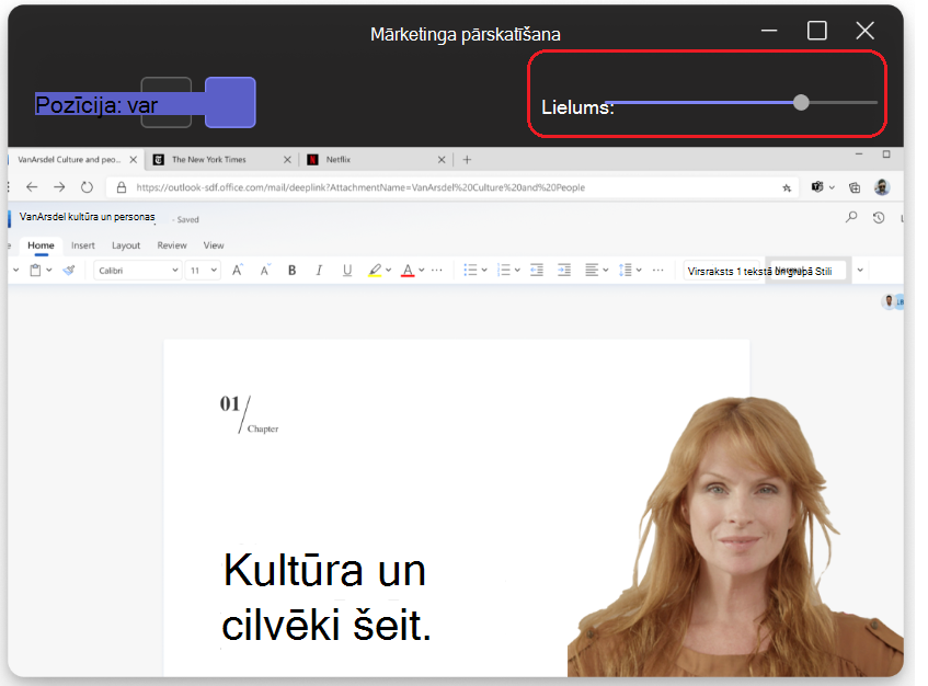 Attēls, kurā redzams izmēru slīdnis lapas augšdaļā prezentētāja režīmā.