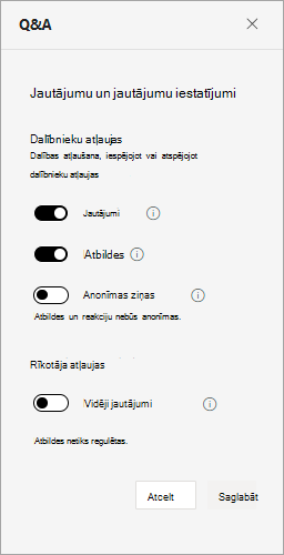 Ekrānuzņēmums, kurā kopsapulcē redzami jautājumu un atbilžu iestatījumi