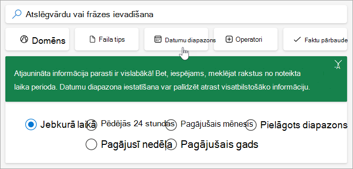 Ekrānuzņēmums ar datumu diapazona opcijām, pēdējās 24 stundas, pagājusī nedēļa, pagājušais mēnesis, pagājušais gads, pielāgots diapazons