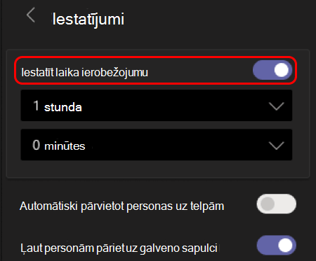 Attēlā parādīts, kā iestatīt laika ierobežojumu grupu apspriežu telpām.