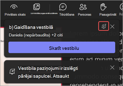 Ekrānuzņēmums ar vestibila paziņojumu, kurā izcelta šo paziņojumu skaņas izslēgšanas ikona.