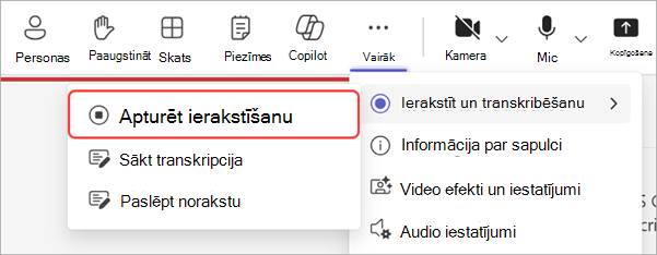 Ekrānuzņēmums, kurā parādīts, kā pārtraukt ierakstīšanu kopsapulcē
