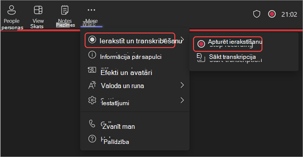 Ekrānuzņēmums, kurā parādīts, kā pārtraukt ierakstīšanu tīmekļsemināra laikā
