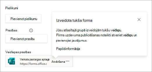 Ekrānuzņēmums, kurā redzama uzdevumam pievienota jauna veidlapa.