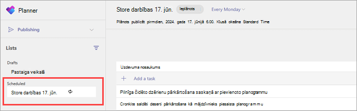 Ekrānuzņēmums ar periodisku uzdevumu sarakstu lapas Publicēšana sadaļā Ieplānots.