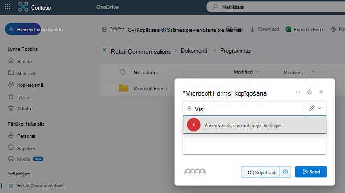 Ekrānuzņēmums, kurā redzama mapes Microsoft Forms koplietošana grupā Visi, izņemot ārējos lietotājus.