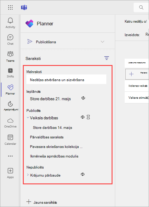 Ekrānuzņēmums, kurā redzamas programmas Planner publicēšanas lapas sadaļas Melnraksti, Plānotie, Publicētie un Nepublicētie.