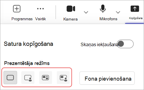 Ekrānuzņēmums, kurā Microsoft Teams sapulču vadīklās izcelti dažādi prezentētāja režīmi.