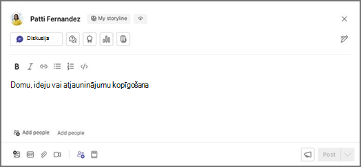 Teksta ievades lodziņš ar nosaukumu Mans sižets un poga Diskusija, formatēšanas opcijas un vietturi koplietošanai, personu pievienošanai un publicēšanai.