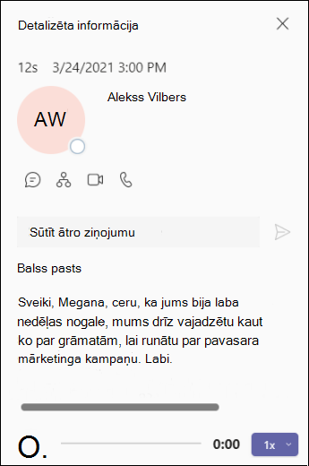 Teams-balss pasta detalizētās informācijas ekrāns
