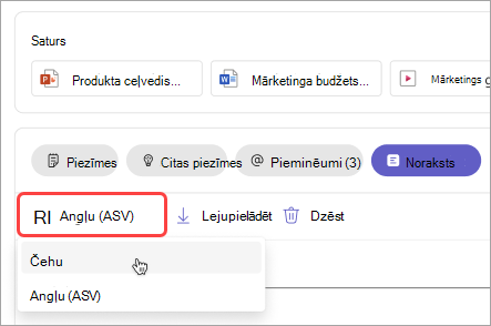 Ekrānuzņēmums, kurā redzams, kā sapulces kopsavilkumā mainīt noraksta valodu.