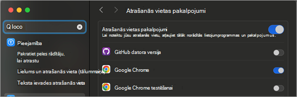 Attēls, kurā redzams drošības un konfidencialitātes logs ar izsauktu atrašanās vietas iespējošanas pakalpojumu iespējošanu.