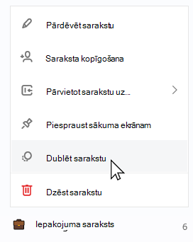 Iepakojuma saraksts, kurā atlasīts kontekstsaraksts ar atvērtu kontekstsarakstu un atlasītu saraksta dublikātu