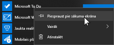 Microsoft To Do kontekstizvēlne Atvērt un Piespraust sākuma izvēlnei atlasīti