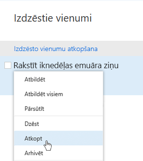 Ekrānuzņēmums, kurā redzama izvēlne Atkopt dzēstos vienumus