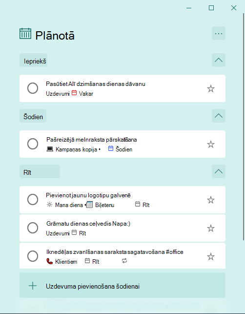 Plānots viedais saraksts ar uzdevumiem, kas organizēti pēc Agrāk, Šodien un Rīt