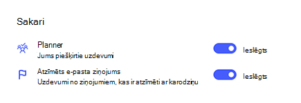 Ekrānuzņēmums, kurā redzama opcija Savienojumi iestatījumos ar Planner un ieslēgts ar karodziņu atzīmētais e-pasts