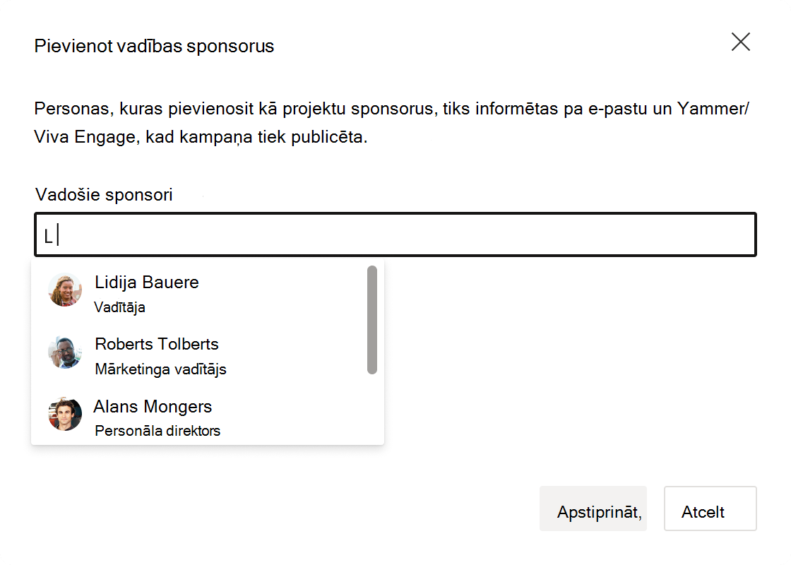 Ekrānuzņēmums ar vadības sponsoru ieraksta lauku.