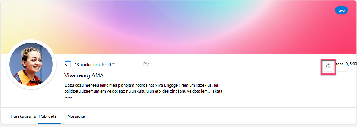 Ekrānuzņēmumā redzama kopīgošanas ikona AMA pasākuma lapā.