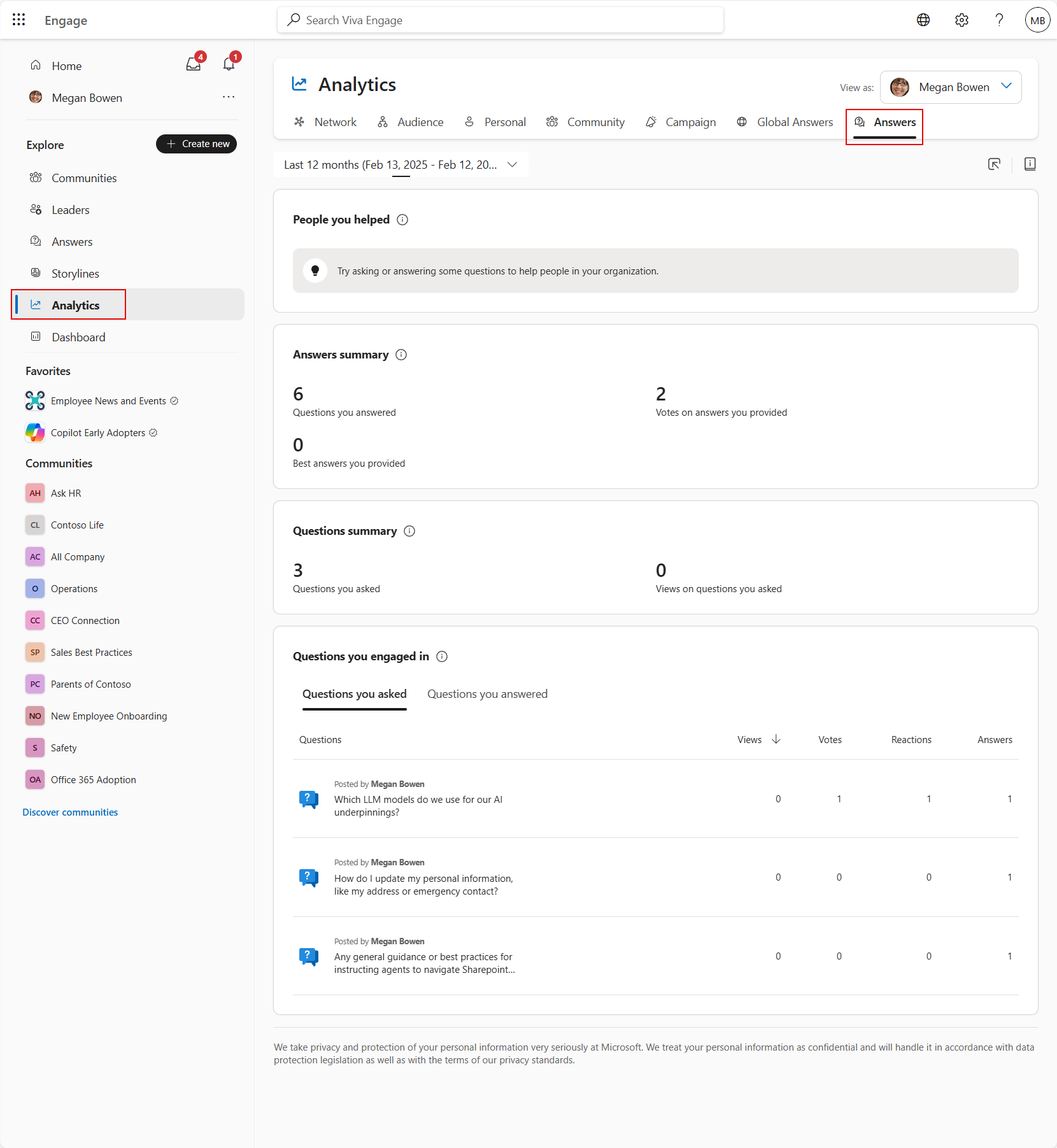 Atbilžu analīzes attēls pakalpojumā Viva Engage