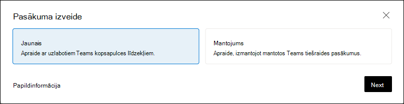 Teams kopsapulces izveide. Tas ir atsevišķs un atšķirīgs no Teams tiešraides pasākuma.