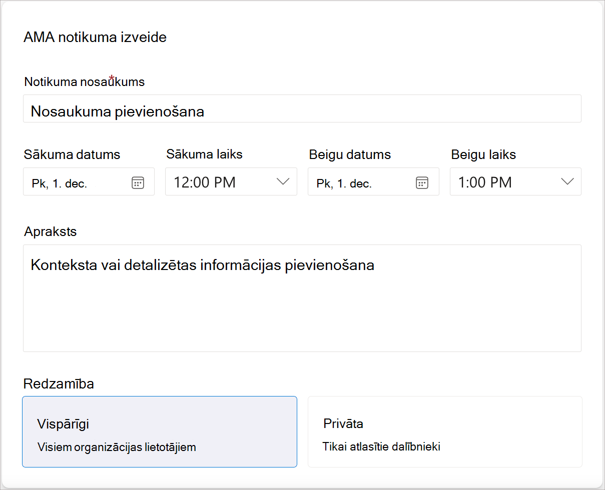Ekrānuzņēmums ar laukiem, kas nepieciešami, lai izveidotu AMA notikumu.